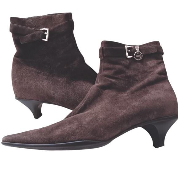 Y2K Vintage PRADA Kitten Heel Suede Boots 37 6.5 Square Toe Brown 2000's Buckle‎ - Picture 1 of 14